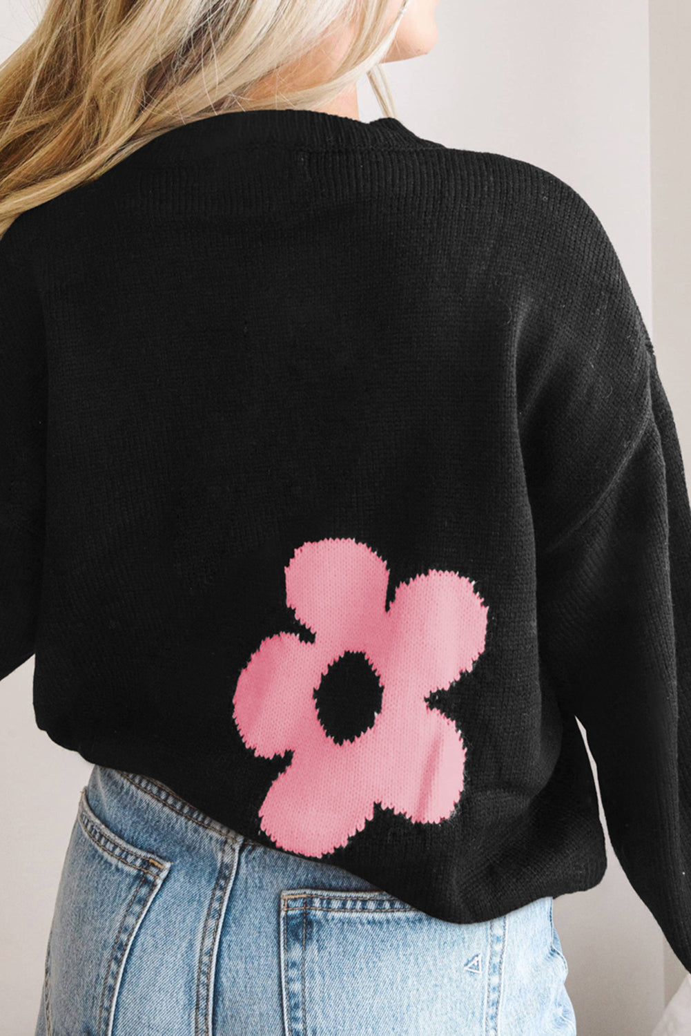 Round Neck Floral Pattern Color Contrast Design Long Sleeve Sweater