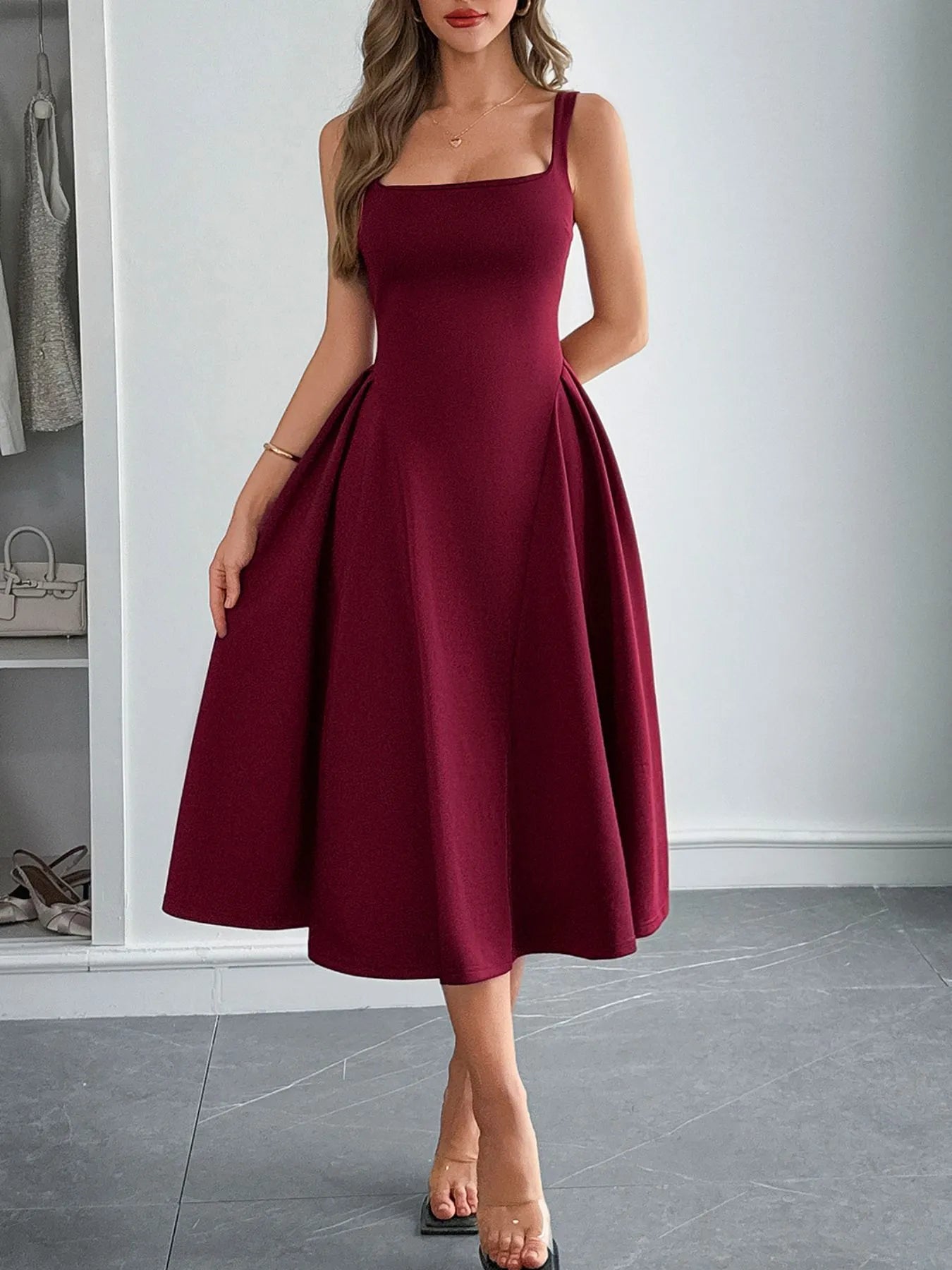 Square Neck Wide Strap Midi Dress OutfitFlow