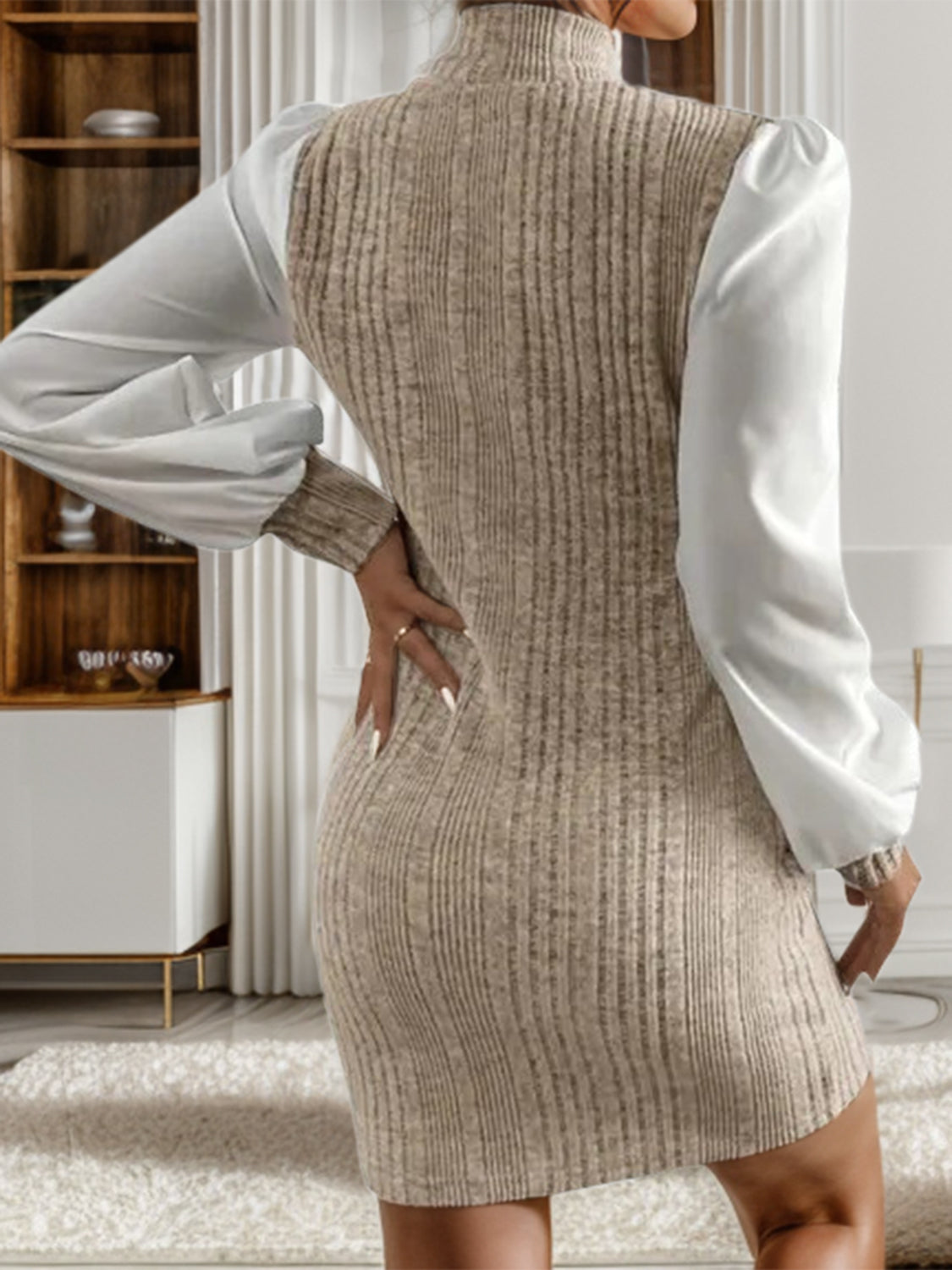 Ribbed Contrast Long Sleeve Sweater Dress