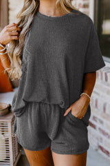 Outfit Flow - Textured Round Neck Top and Shorts Set