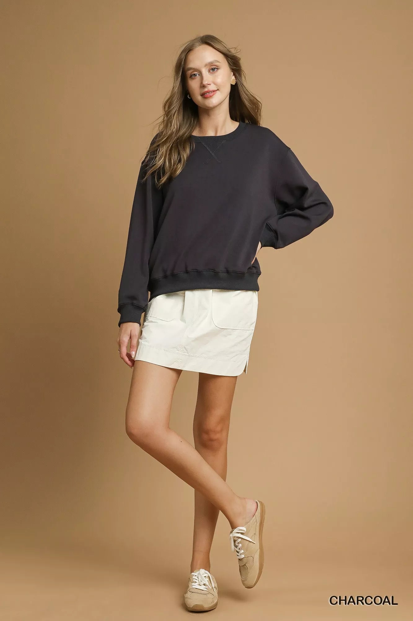 Umgee Round Neck Long Sleeve Fleece Sweatshirt OutfitFlow