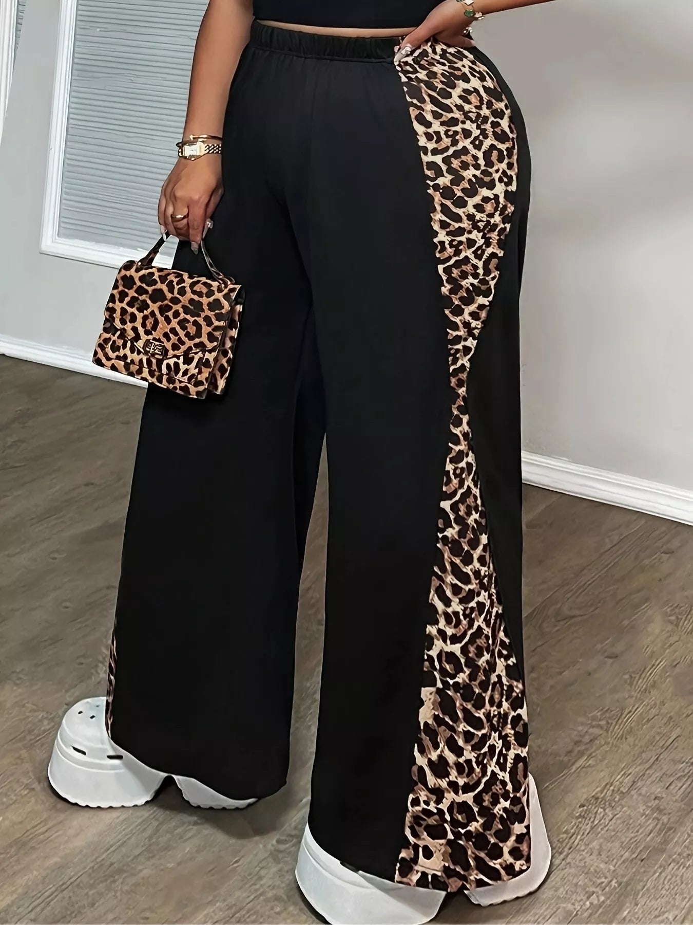Plus Size Leopard Print Wide Leg Pants Black OutfitFlow