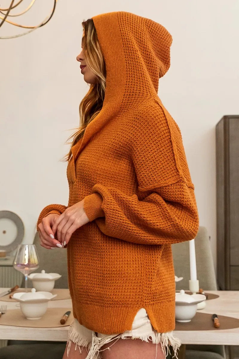 BiBi Raw Edge Detail V-Neck Sweater Hoodie OutfitFlow