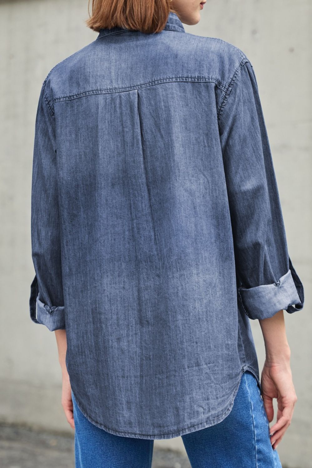 Pocketed Collared Neck Long Sleeve Denim Top OutfitFlow
