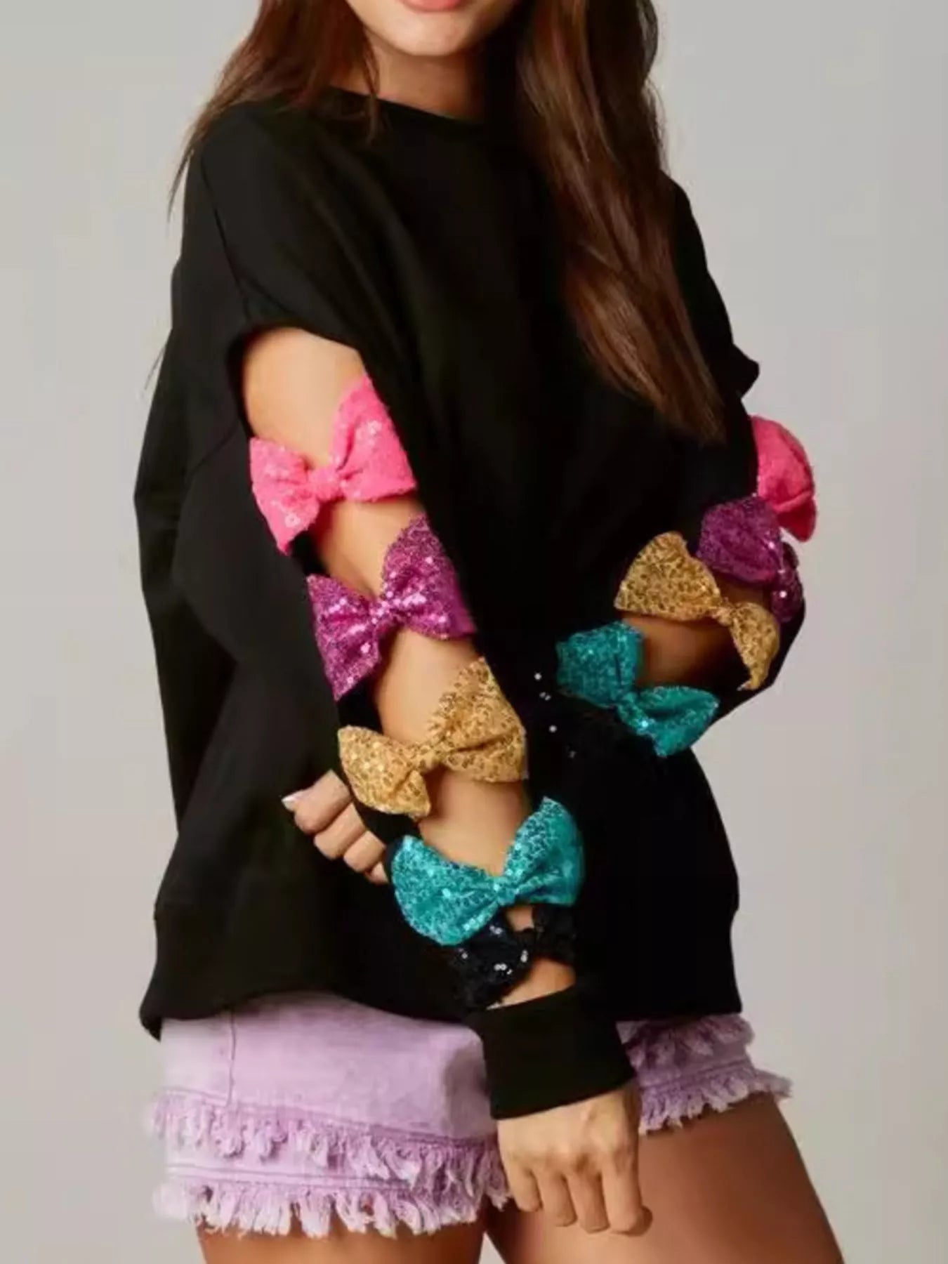 Sequin Bow Cutout Round Neck Sweatshirt Black OutfitFlow