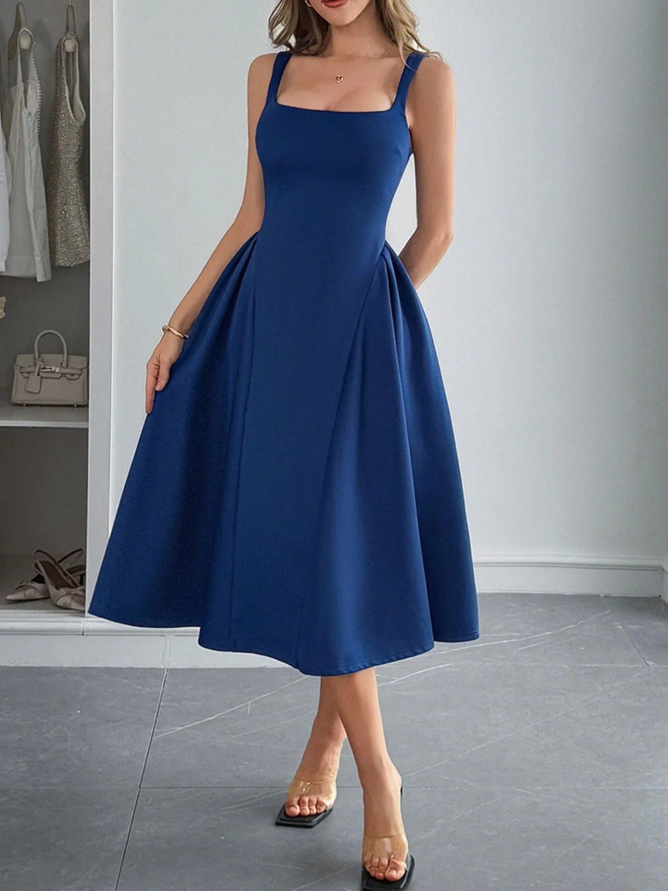 Square Neck Wide Strap Midi Dress OutfitFlow