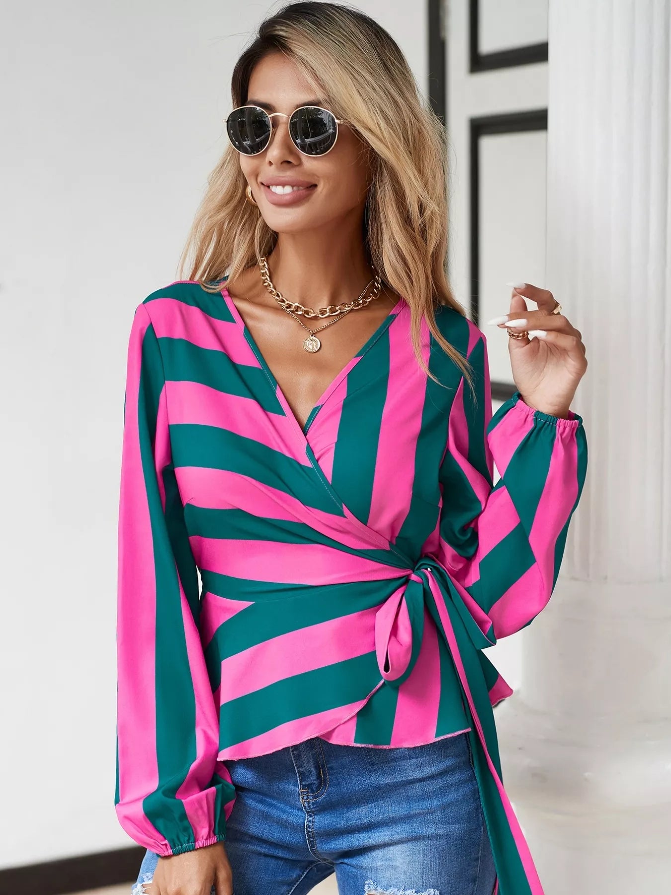Striped Wrap Blouse with Tie Detail OutfitFlow