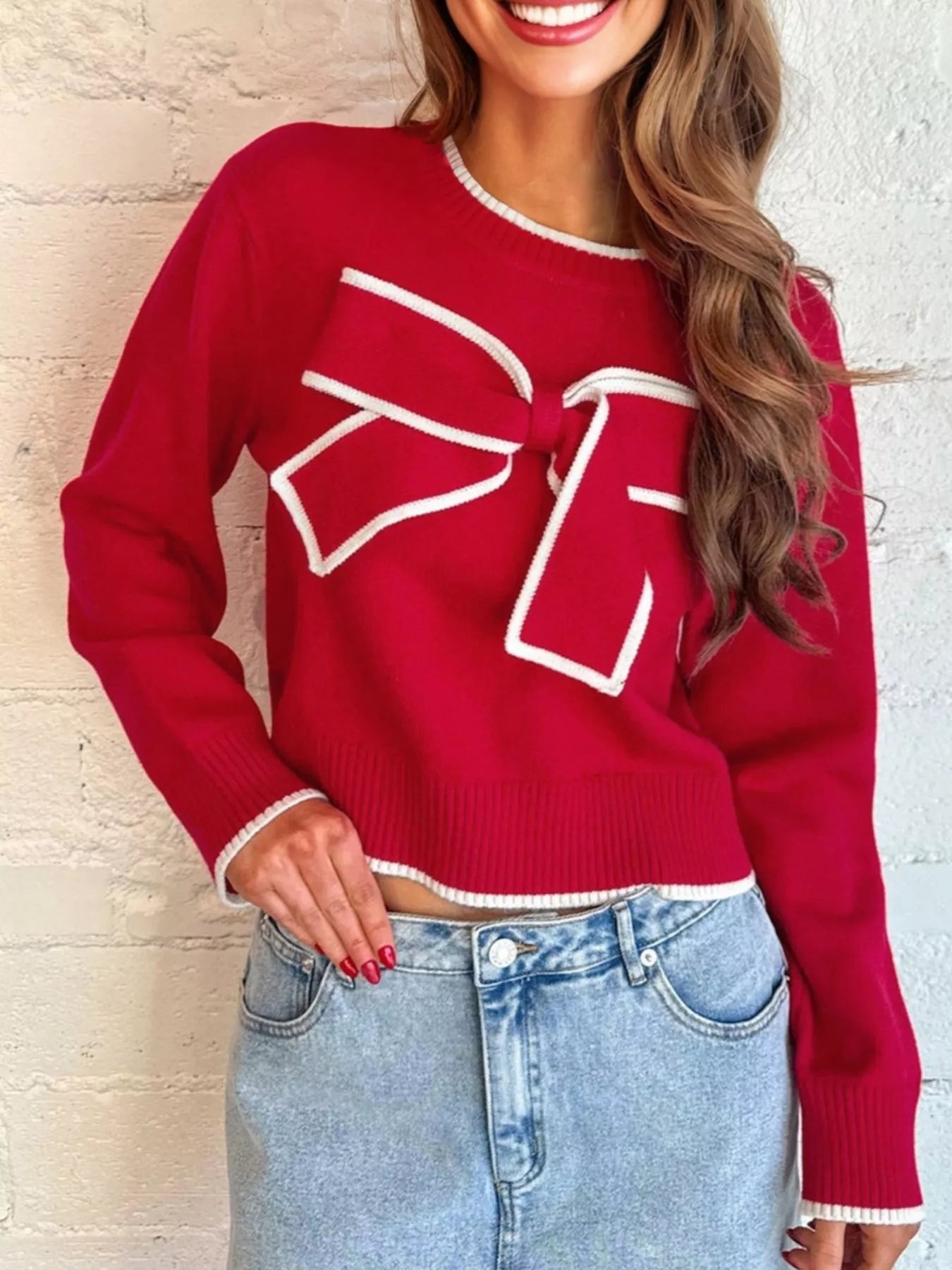 Contrast Trim Bow Accent Holiday Cropped Sweater OutfitFlow