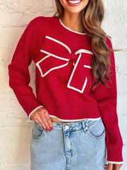 Contrast Trim Bow Accent Holiday Cropped Sweater OutfitFlow