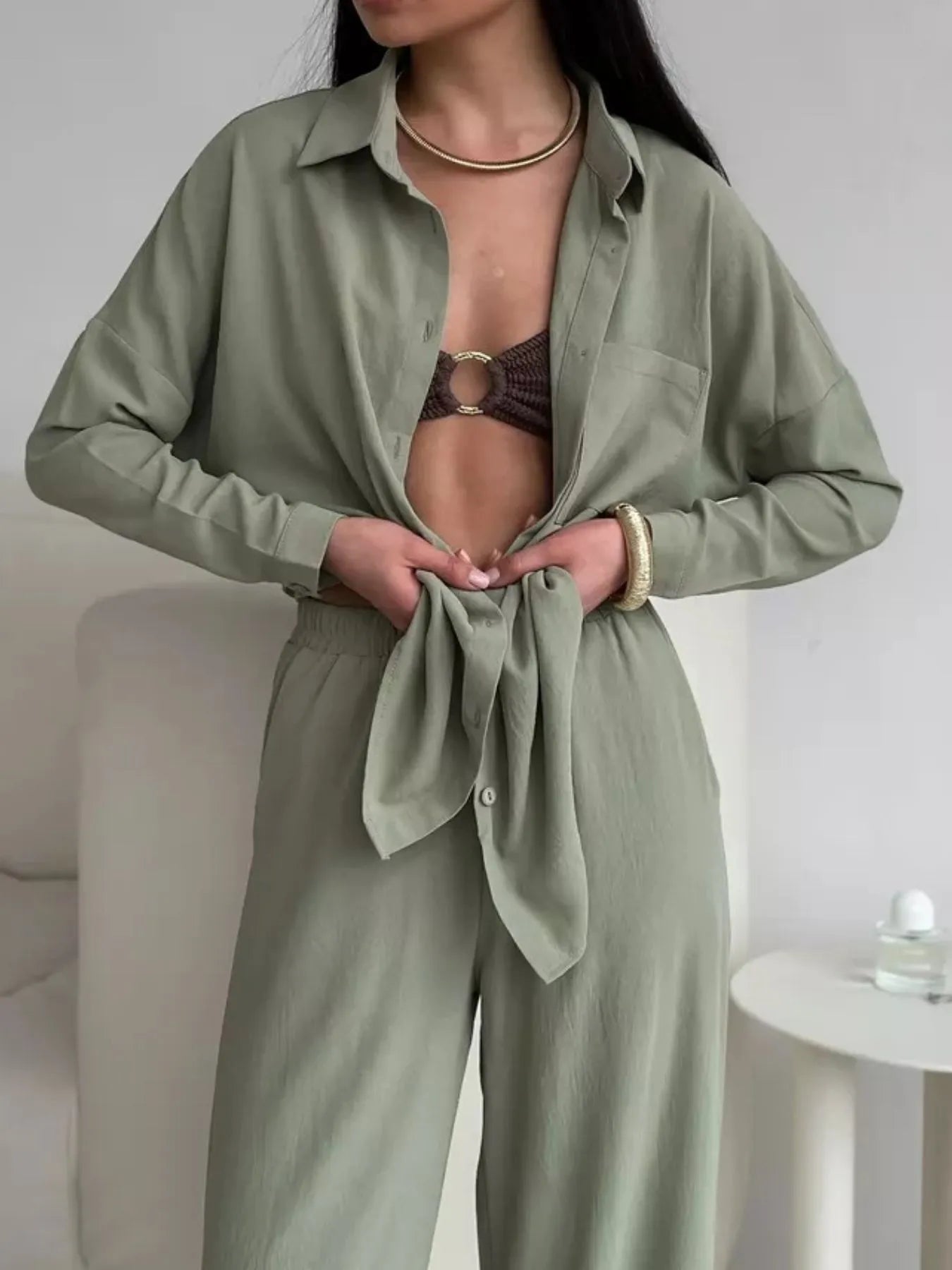 Button Up Long Sleeve Shirt and Pants Set OutfitFlow