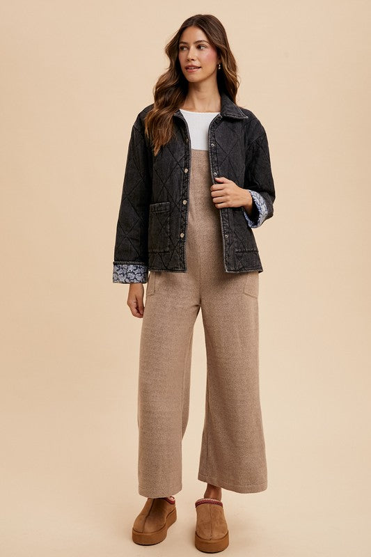 Annie Wear Quilted Printed Lining Snap Down Denim Jacket