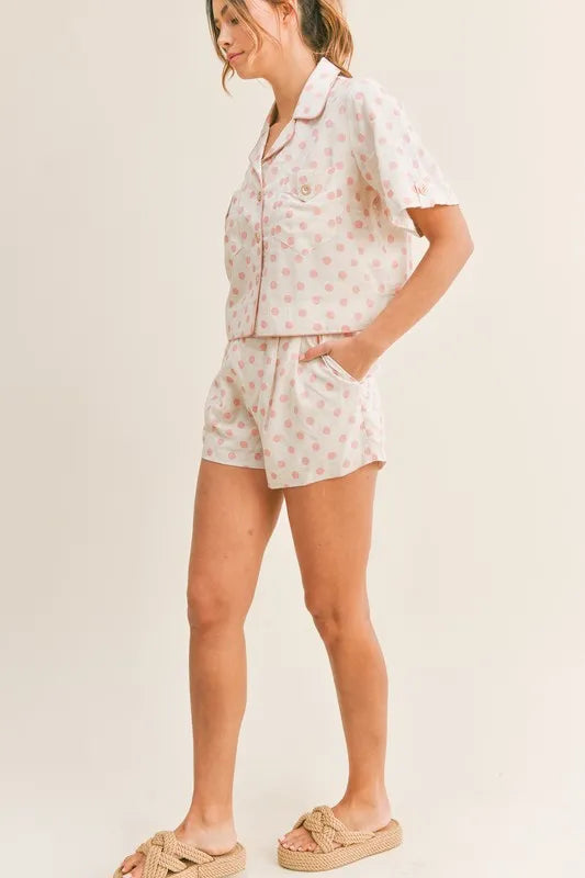 MABLE Polka Dot Collar Crop Top and Short Lounge Set OutfitFlow