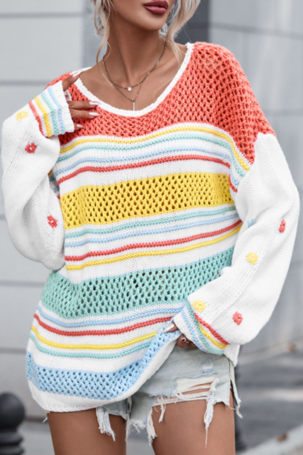 Outfit Flow - Hollow Striped Color Block Round Neck Sweater