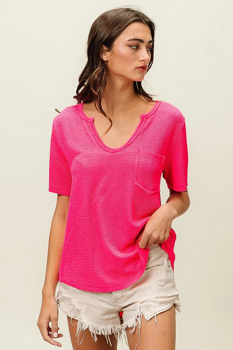BiBi Waved Rib U Neck Top With Front Pocket OutfitFlow