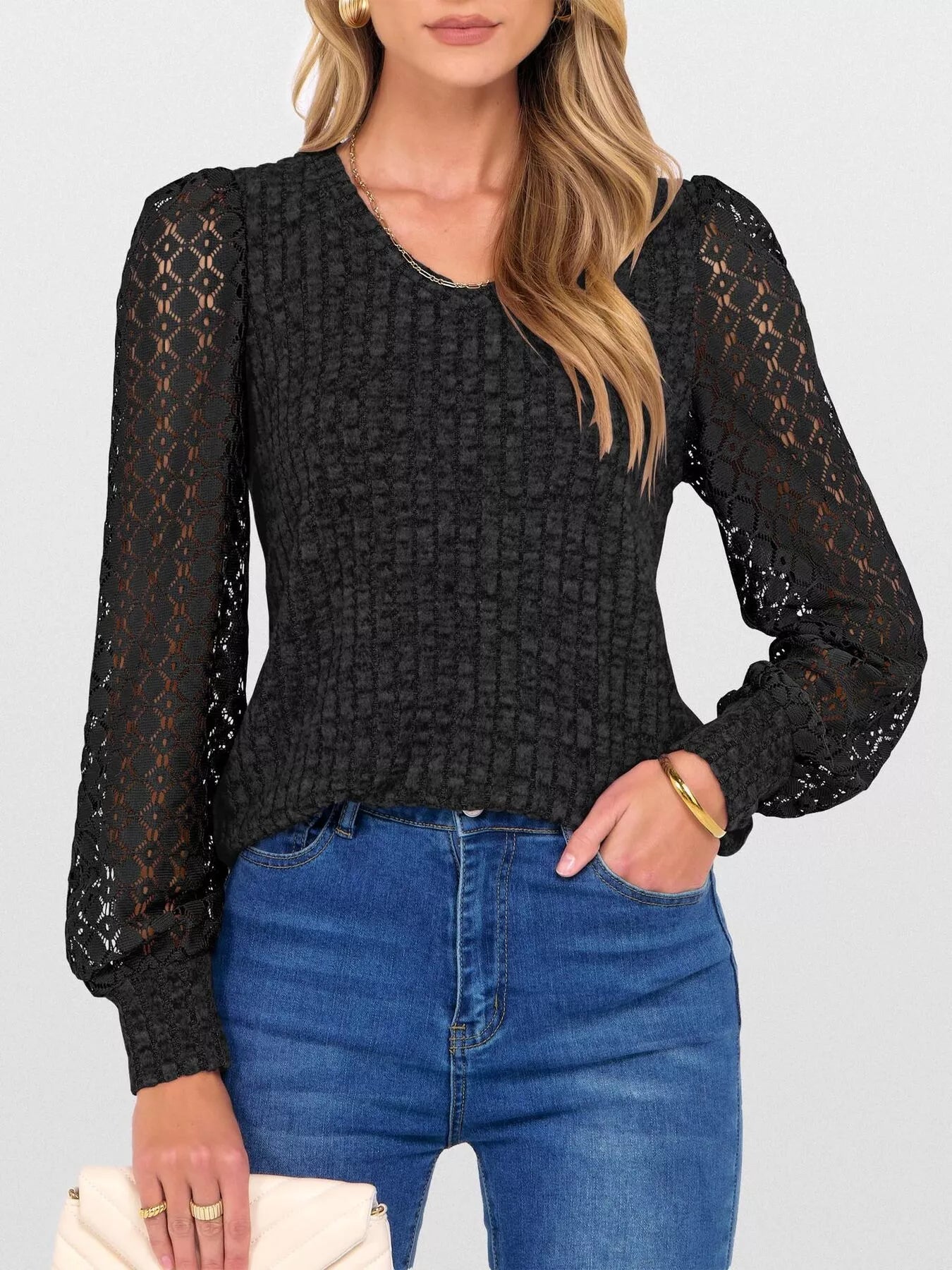 Lace Sleeve V-Neck T-Shirt OutfitFlow