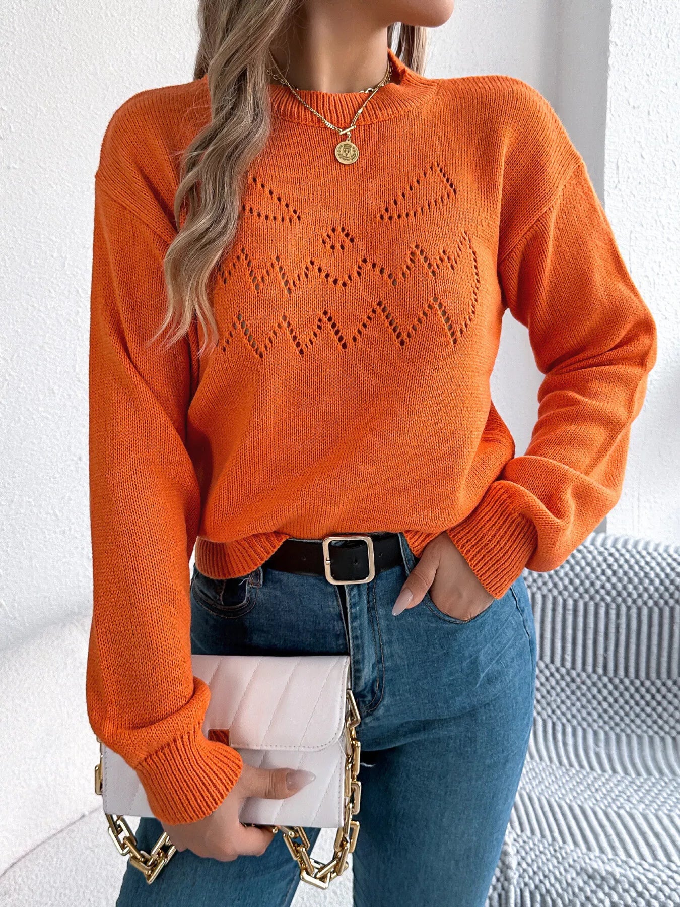 Openwork Round Neck Long Sleeve Sweater OutfitFlow