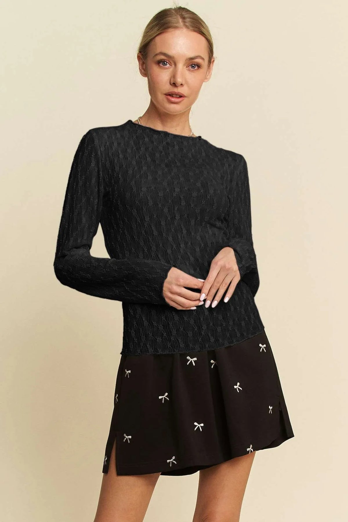 Davi & Dani Long Sleeve Sheer Small Embroidered Bows Lace Top BLACK OutfitFlow