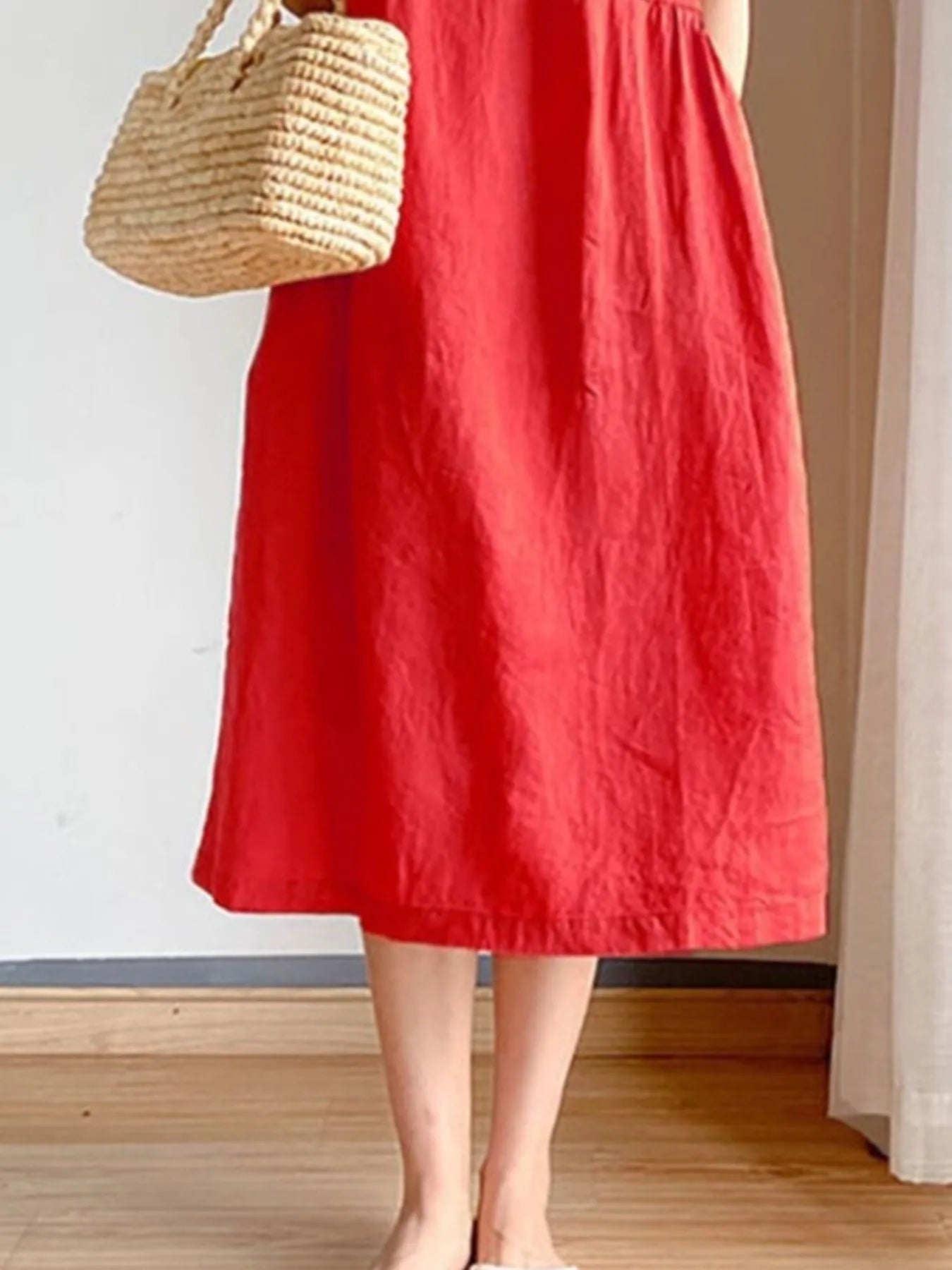 Full Size Casual Round Neck Midi Dress Plus Size OutfitFlow