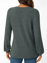 Ribbed Knit V-Neck Long Sleeve T-Shirt OutfitFlow
