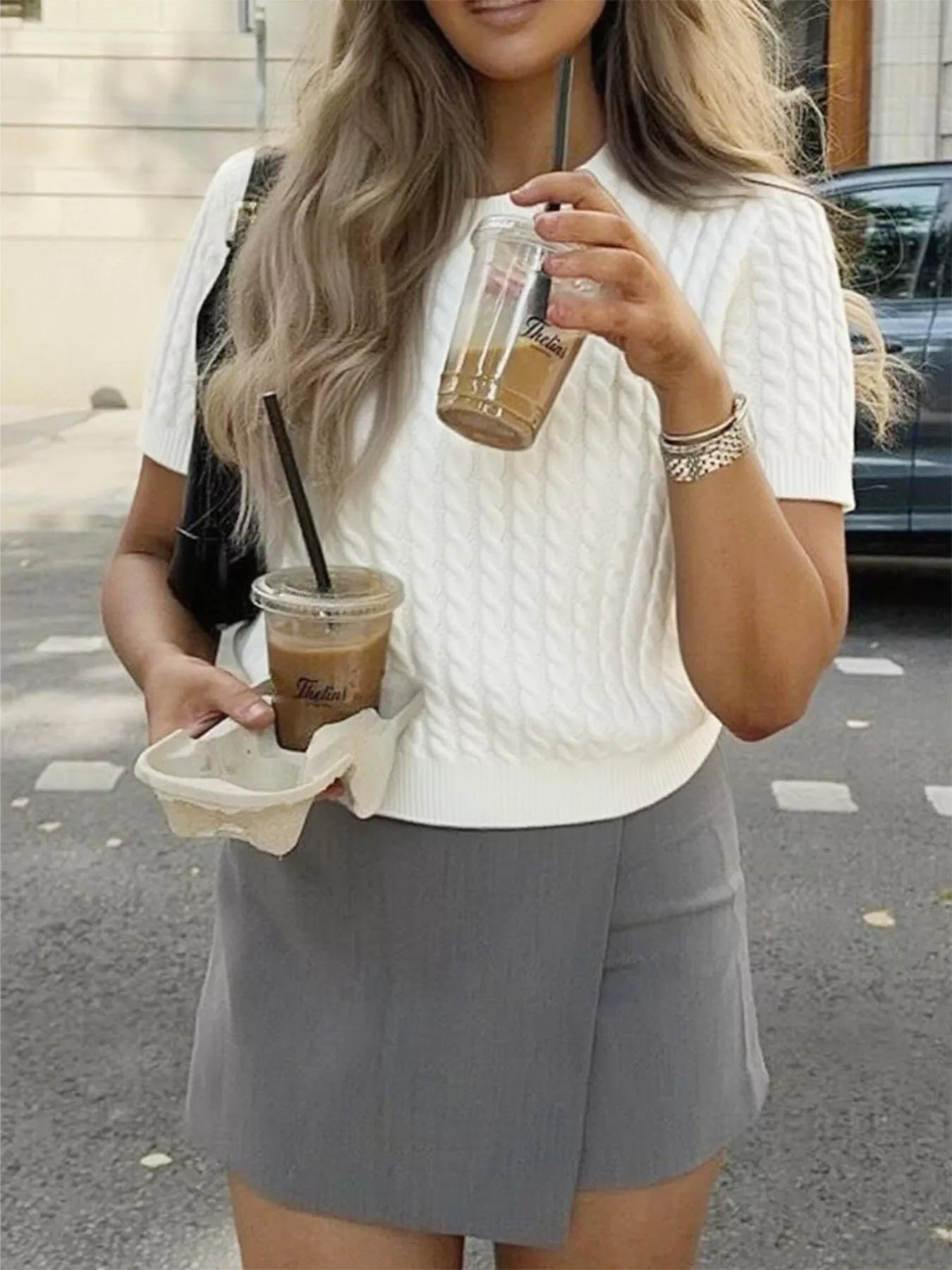 Cable-Knit Short Sleeve Sweater Trendsi