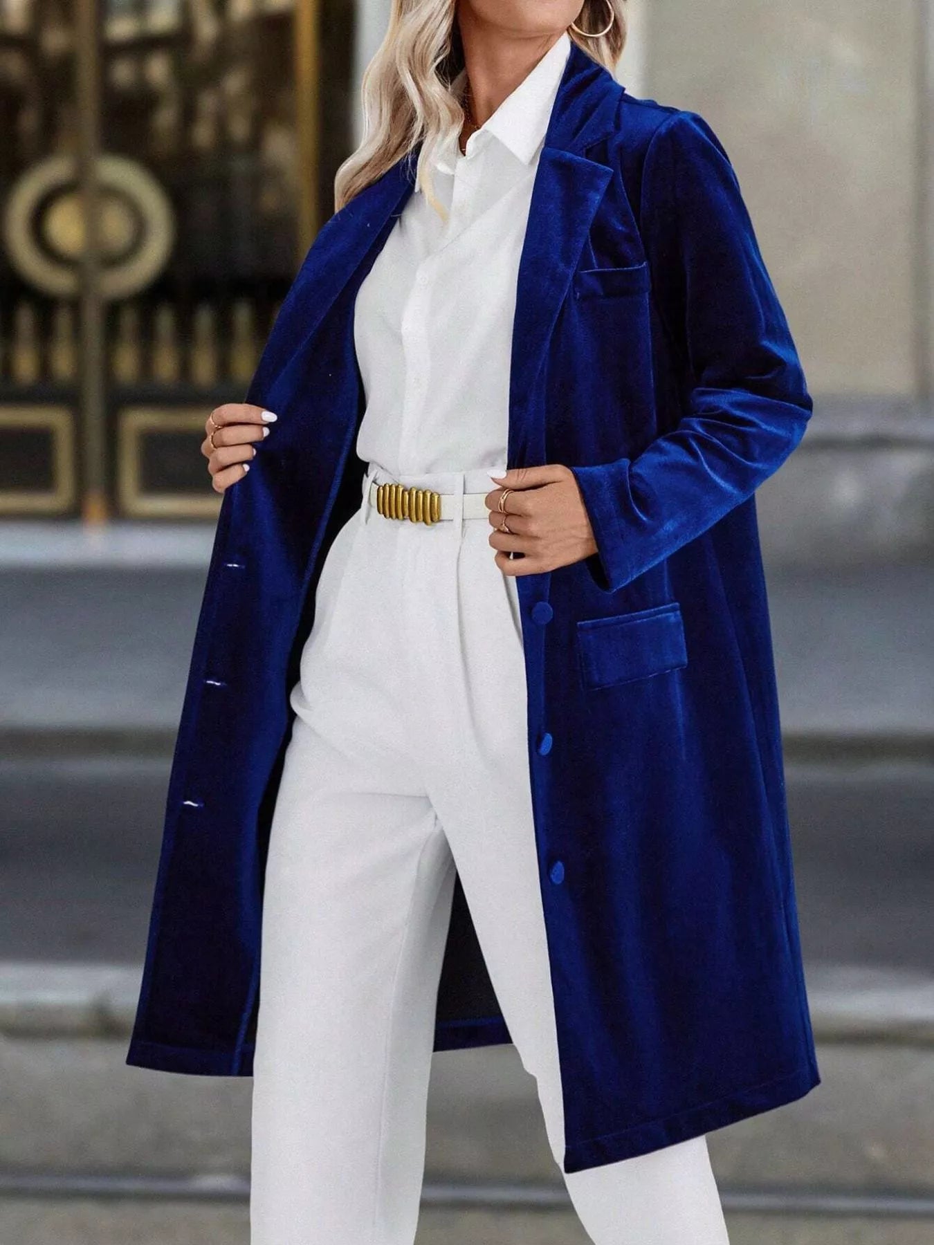 Lapel Collar Long Sleeve Longline Coat OutfitFlow