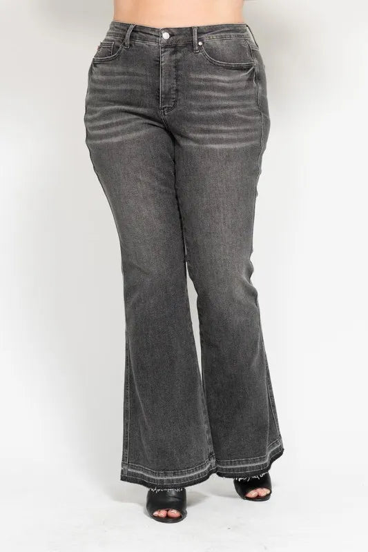 Judy Blue Full Size Mid Rise Tummy Control Washed Gray Release Hem Flare Jeans Plus Size OutfitFlow