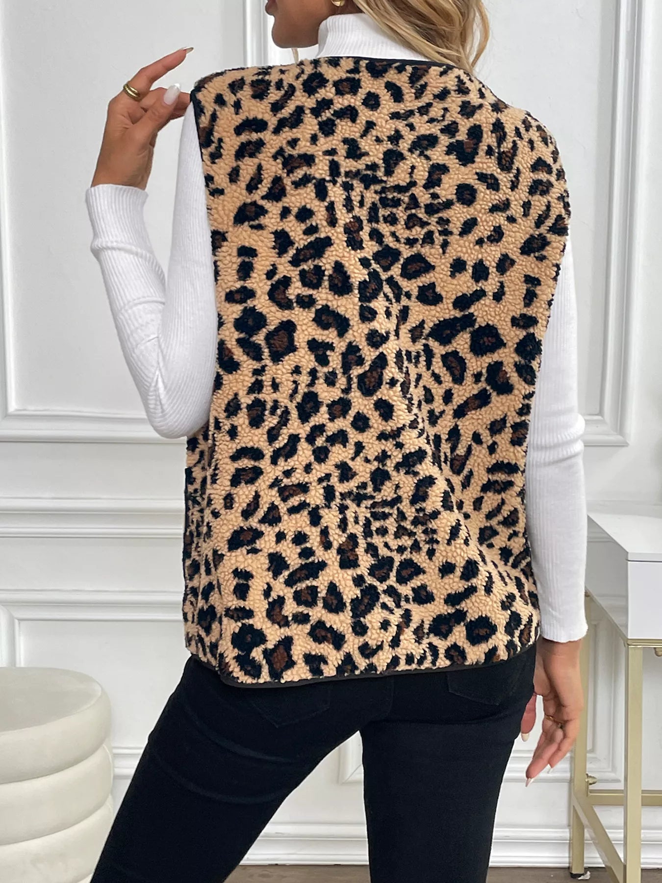 Leopard Fleece Vest Coat with Pockets Trendsi