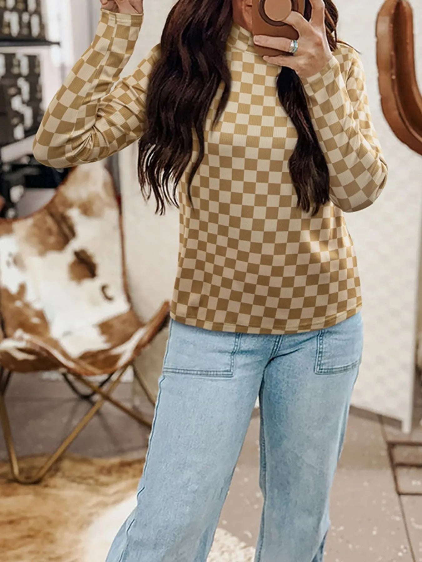 Check Pattern Turtleneck Slim Long Sleeve Tee OutfitFlow