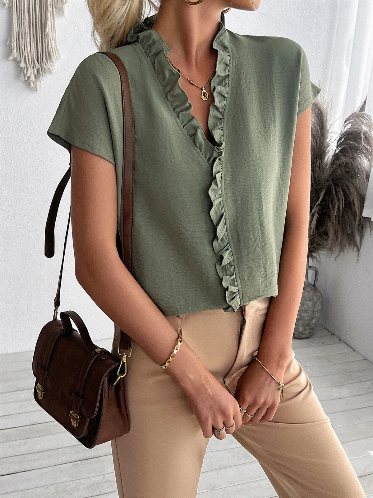 Ruffled V-Neck Short Sleeve Blouse Light Military Green OutfitFlow