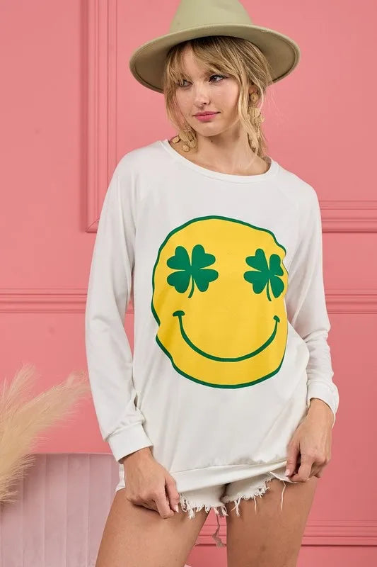 BiBi Smile Face Graphic Round Neck Long Sleeve Top OutfitFlow