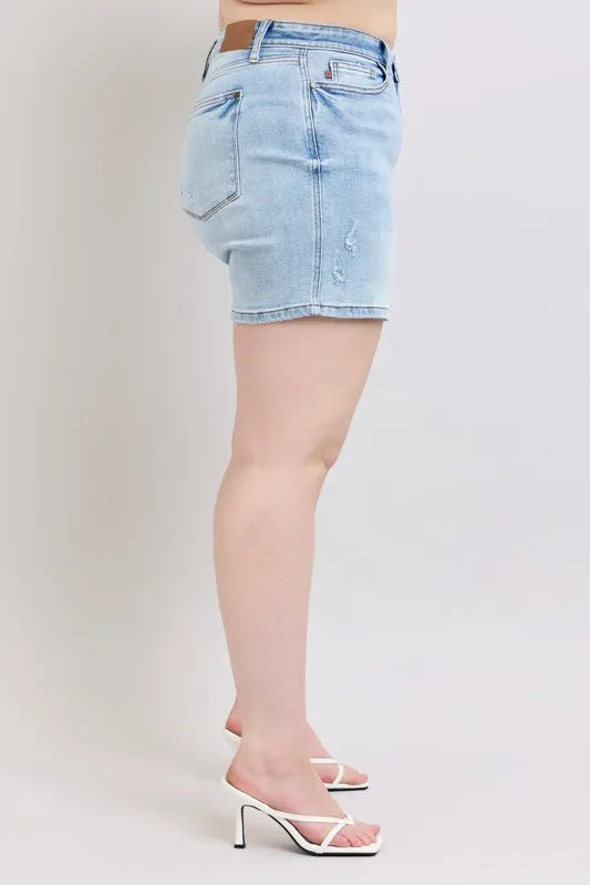 Judy Blue Full Size Mid Rise Washed Denim Shorts Plus Size OutfitFlow