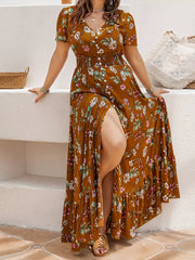 Plus Size Floral V-Neck Short Sleeve Dress OutfitFlow