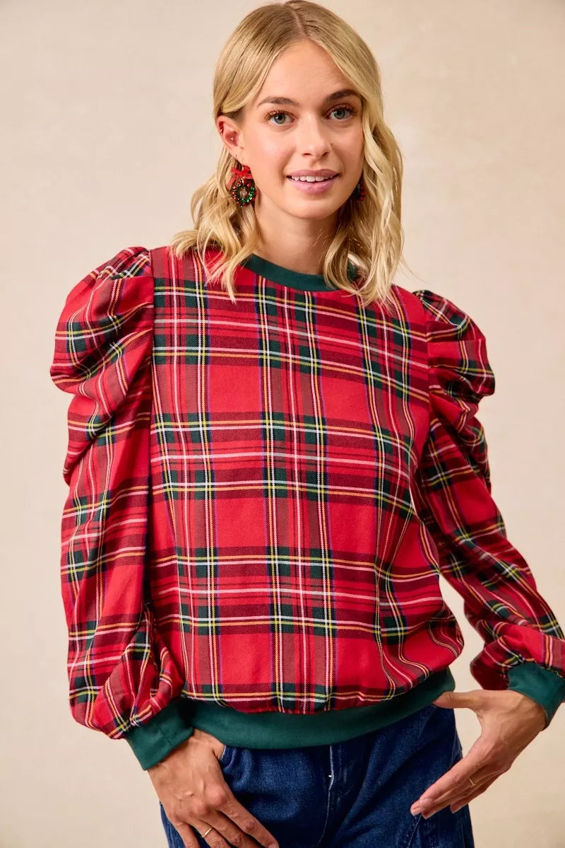 BiBi Christmas Plaid Exaggerated Shoulder Sleeves Top OutfitFlow