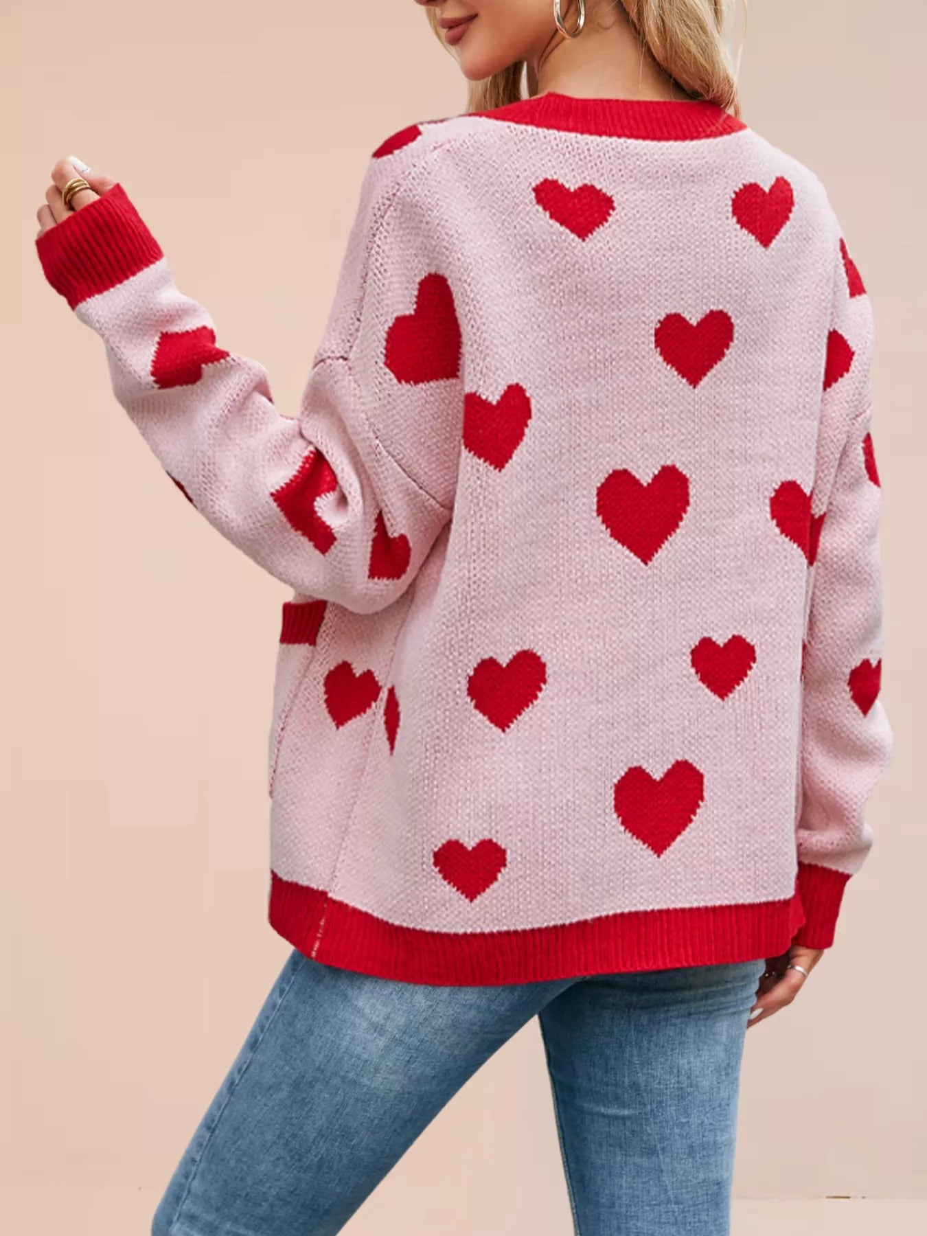 Heart Pattern Button-Up Knit Cardigan OutfitFlow