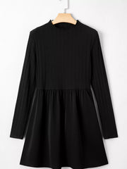 Frilled Neck Ribbed Knit Patchwork Long Sleeve Mini Dress OutfitFlow
