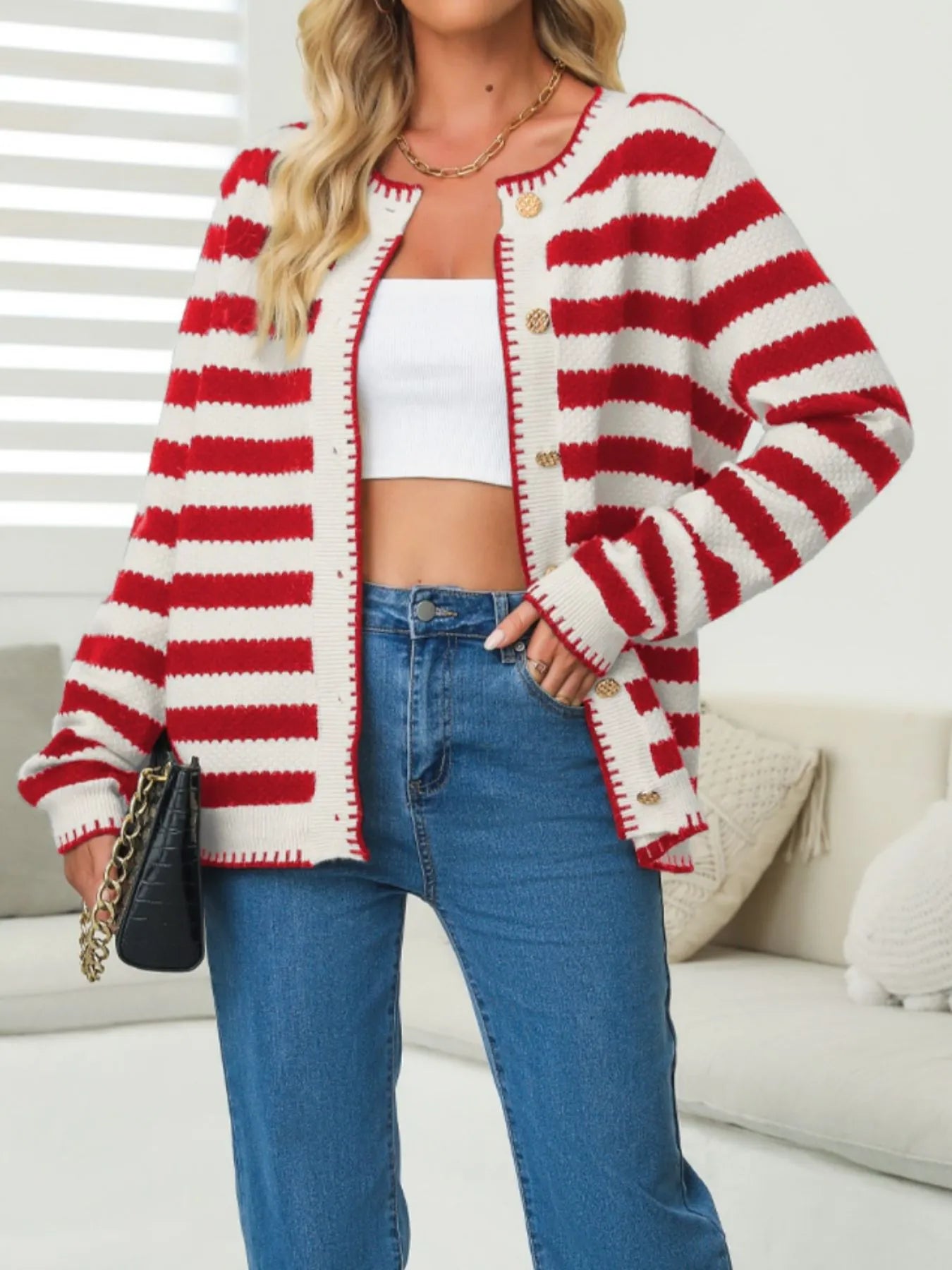 Button Down Striped Long Sleeve Cardigan OutfitFlow