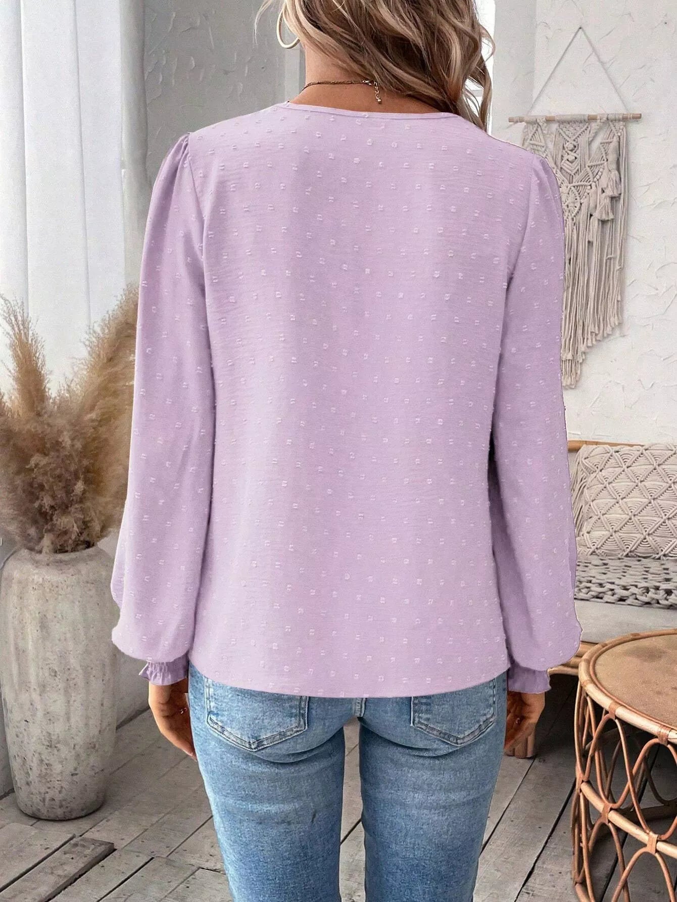 Swiss Dot Lace Detail Long Sleeve Blouse OutfitFlow