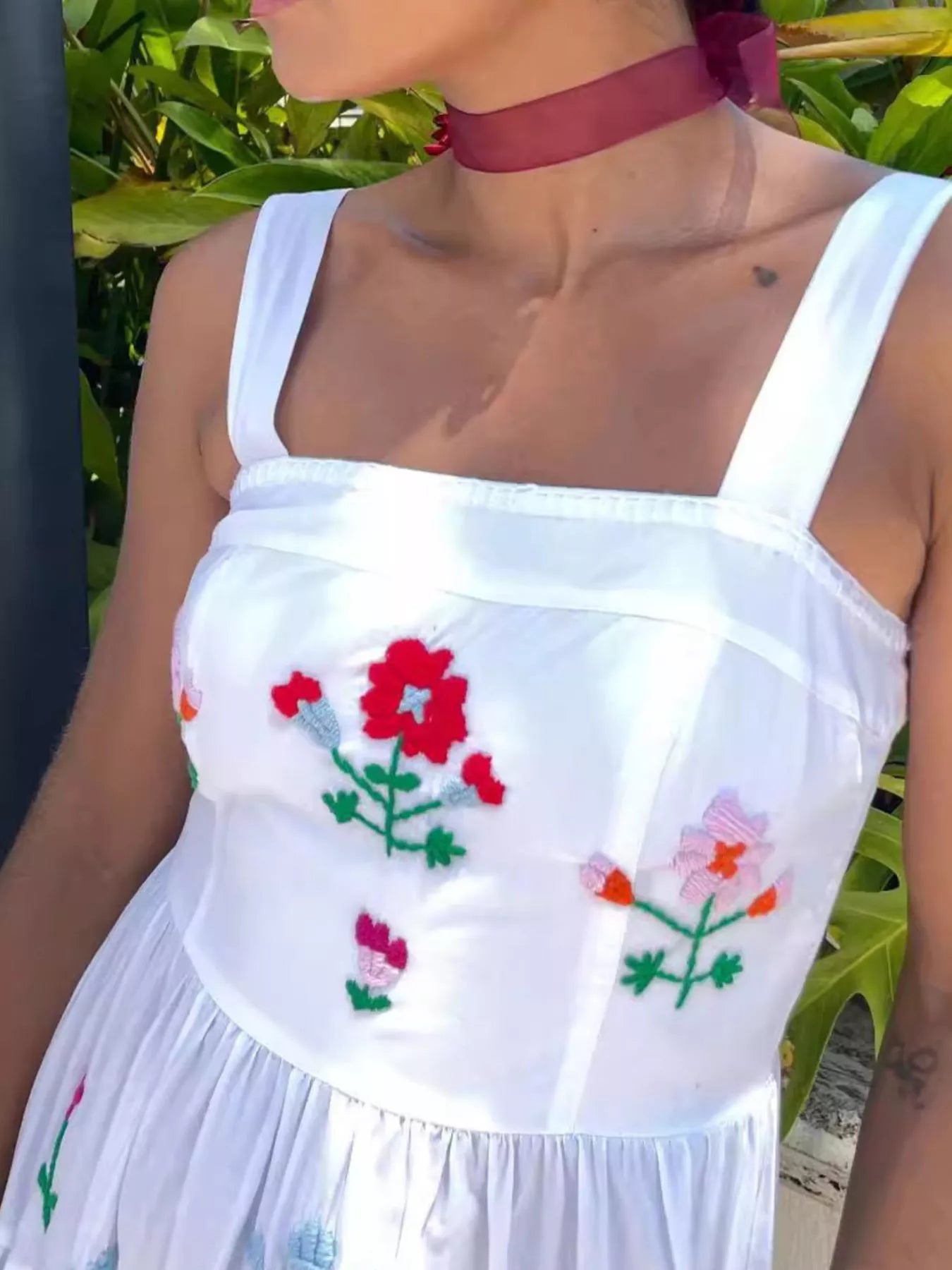 Embroidered Square Neck Tiered Maxi Cami Dress OutfitFlow