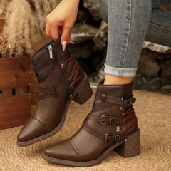 Point Toe Buckle Strap Ankle Boots with Block Heels Trendsi