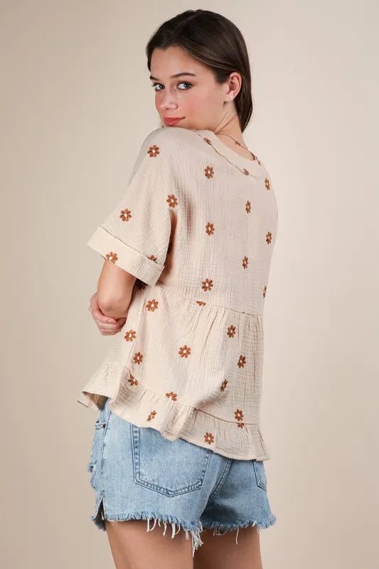 VERY J Flower Embroidered Woven Blouse OutfitFlow