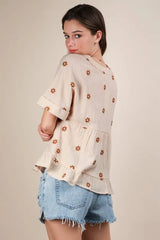 VERY J Flower Embroidered Woven Blouse OutfitFlow