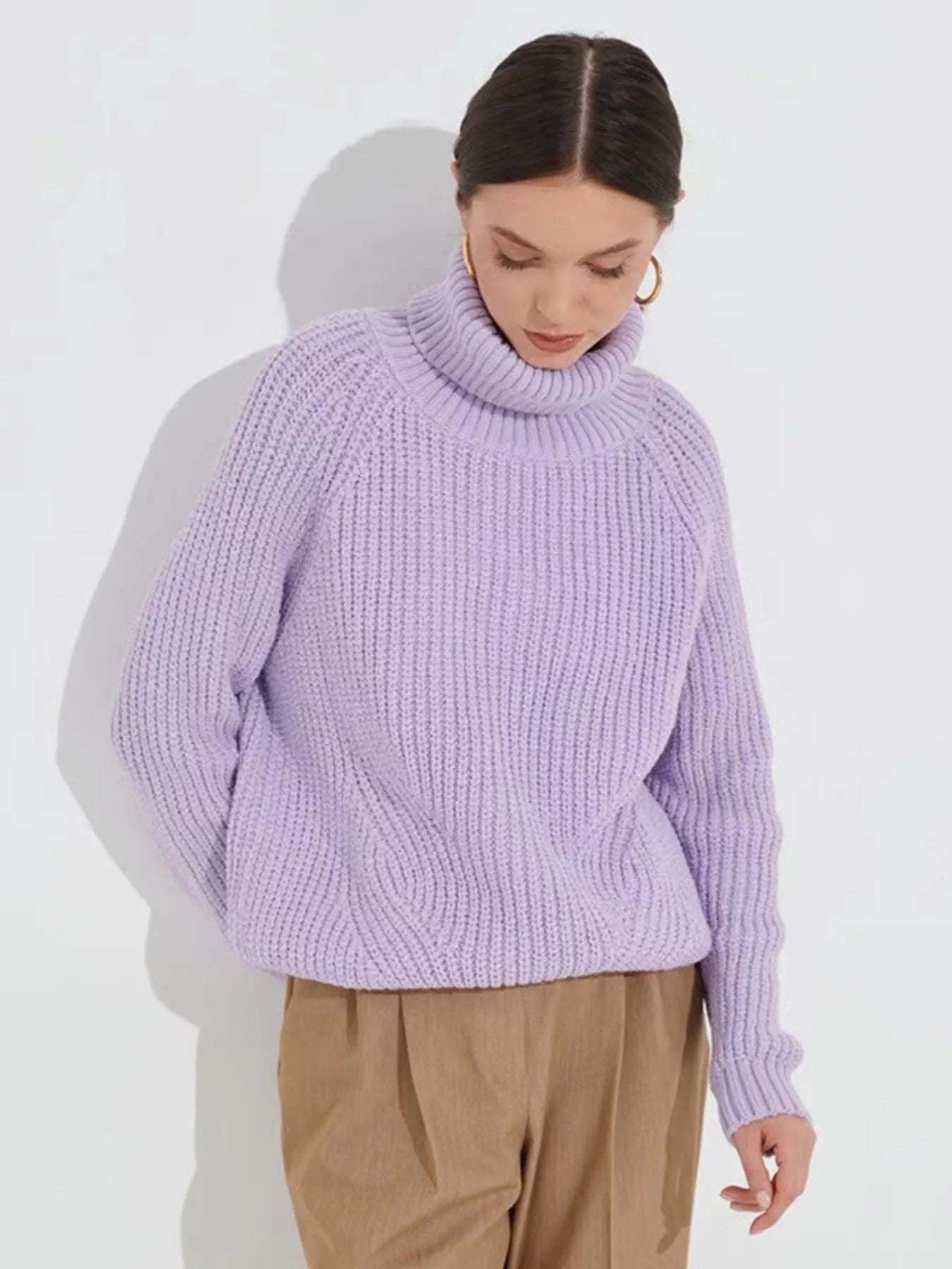 Turtleneck Long Sleeve Sweater Light Purple OutfitFlow