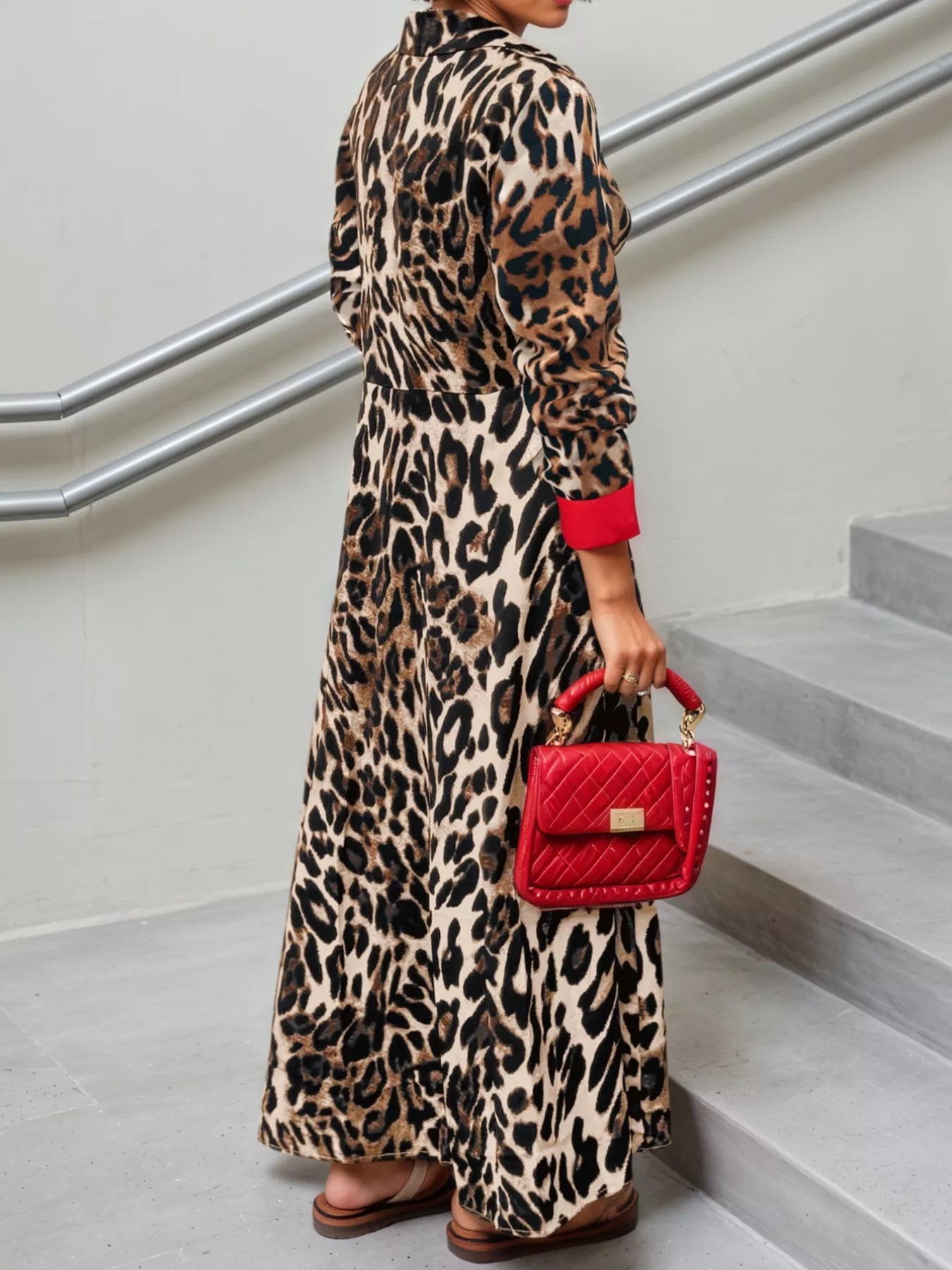 Leopard Print Long Sleeve Shirt Dress with Contrast Trim OutfitFlow