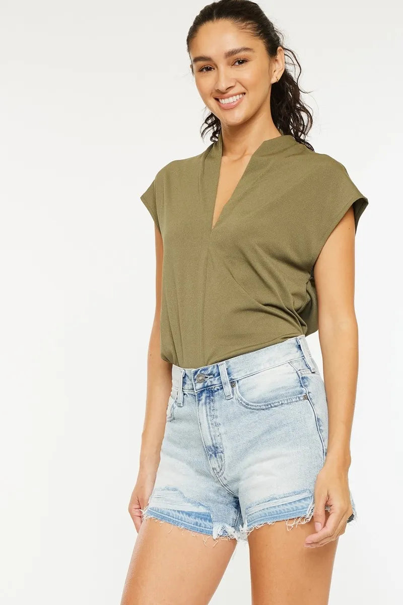 Kancan High Rise Raw Hem Denim Shorts OutfitFlow