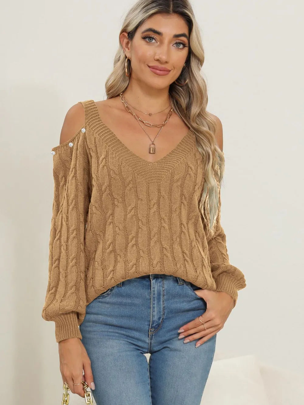 Cable-Knit Cold Shoulder Sweater OutfitFlow