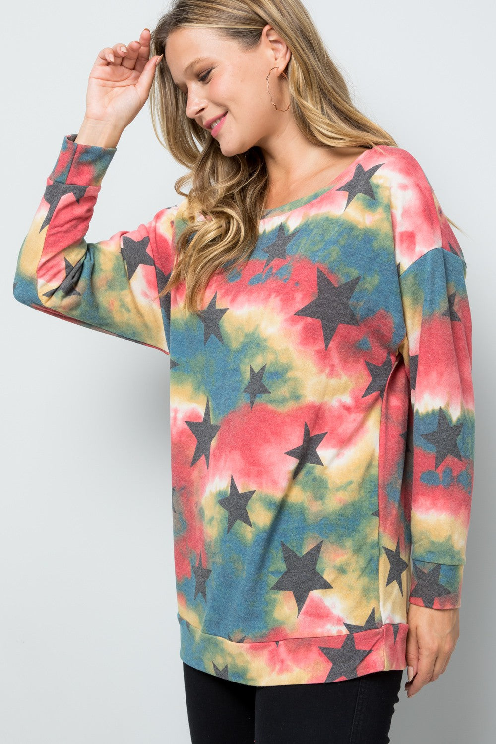 Outfit Flow - Celeste Tie-Dye Star Round Neck Long Sleeve T-Shirt