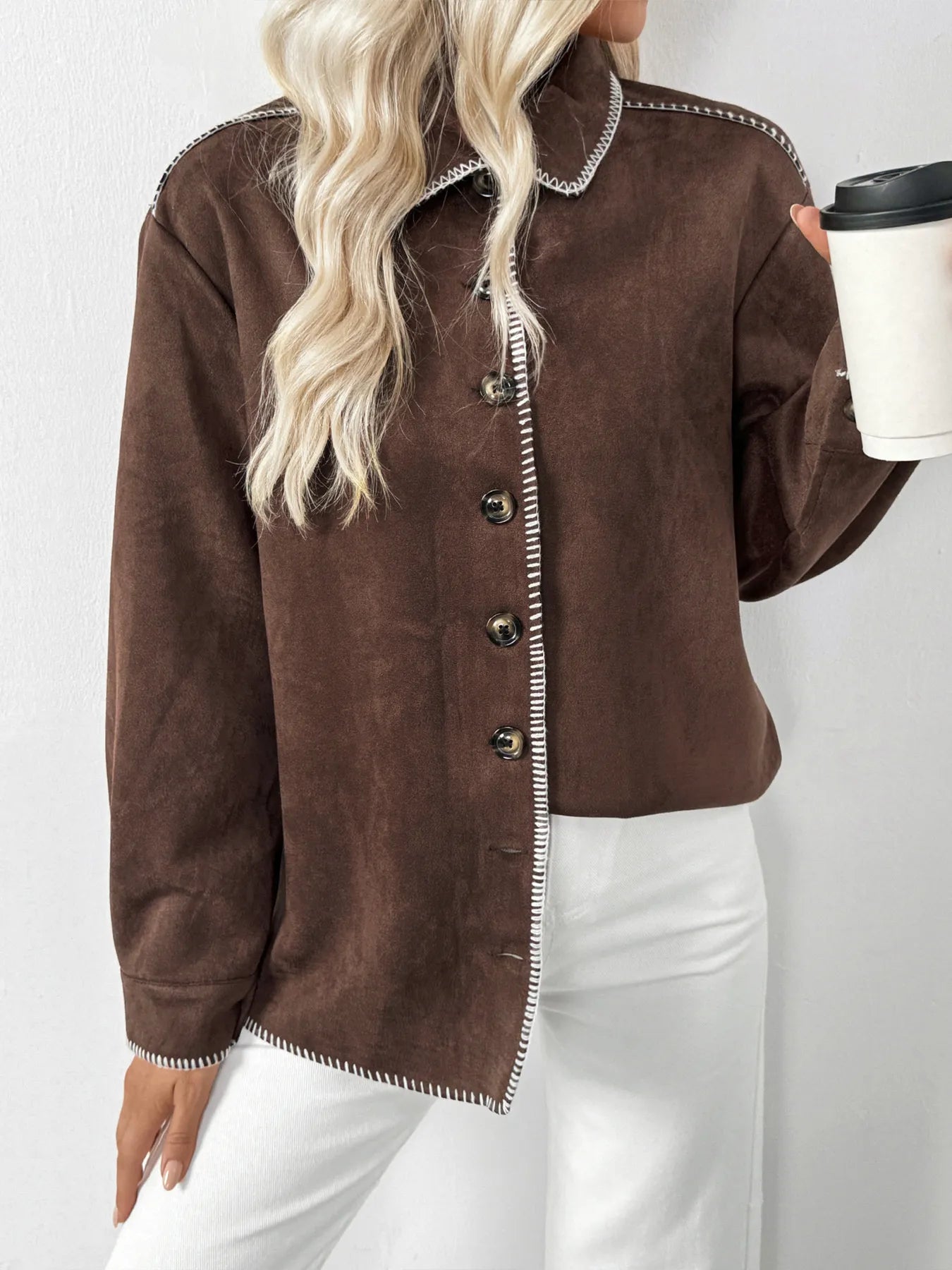 Button Up Contrast Trim Jacket OutfitFlow