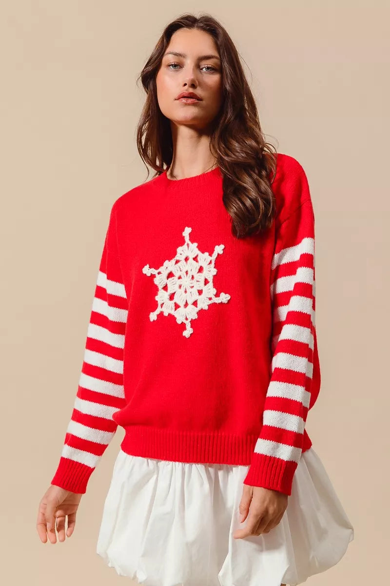 SO ME Christmas Snowflake Crochet Embellished Sweater Trendsi