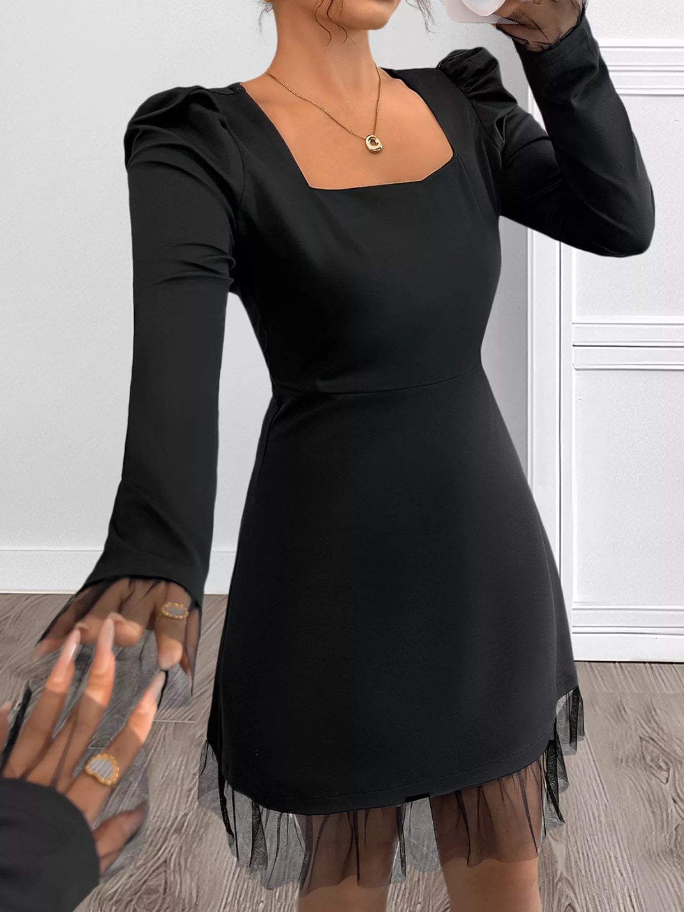 Square Neck Puff Sleeve Mesh Hem Dress OutfitFlow
