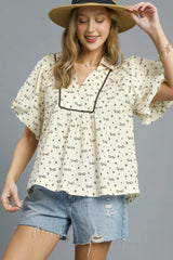 Umgee Bow Print Puff Sleeve Blouse OutfitFlow